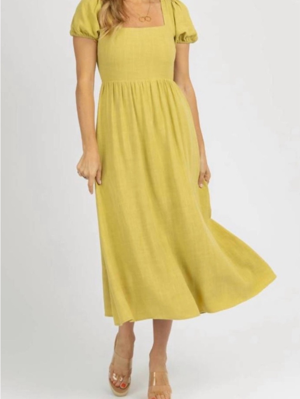 Endless Blu Chartreuse Linen Blend Puff Sleeve Open Back Midi Dress Size M